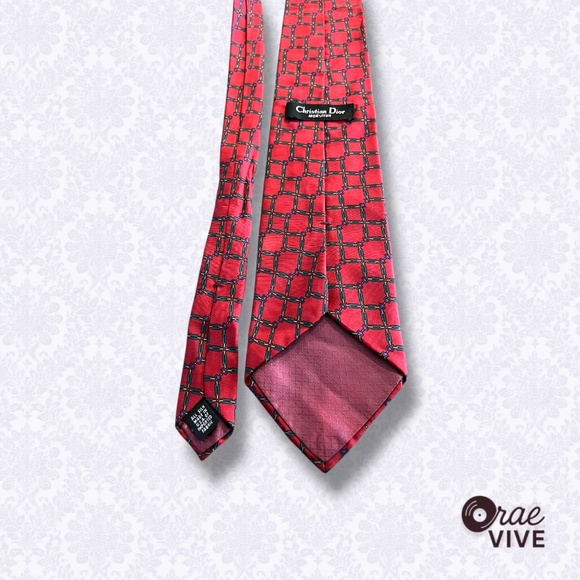 Christian Dior Monsieur Red Silk Tie Geometric Chain Print Made in USA - Picture 4 of 5